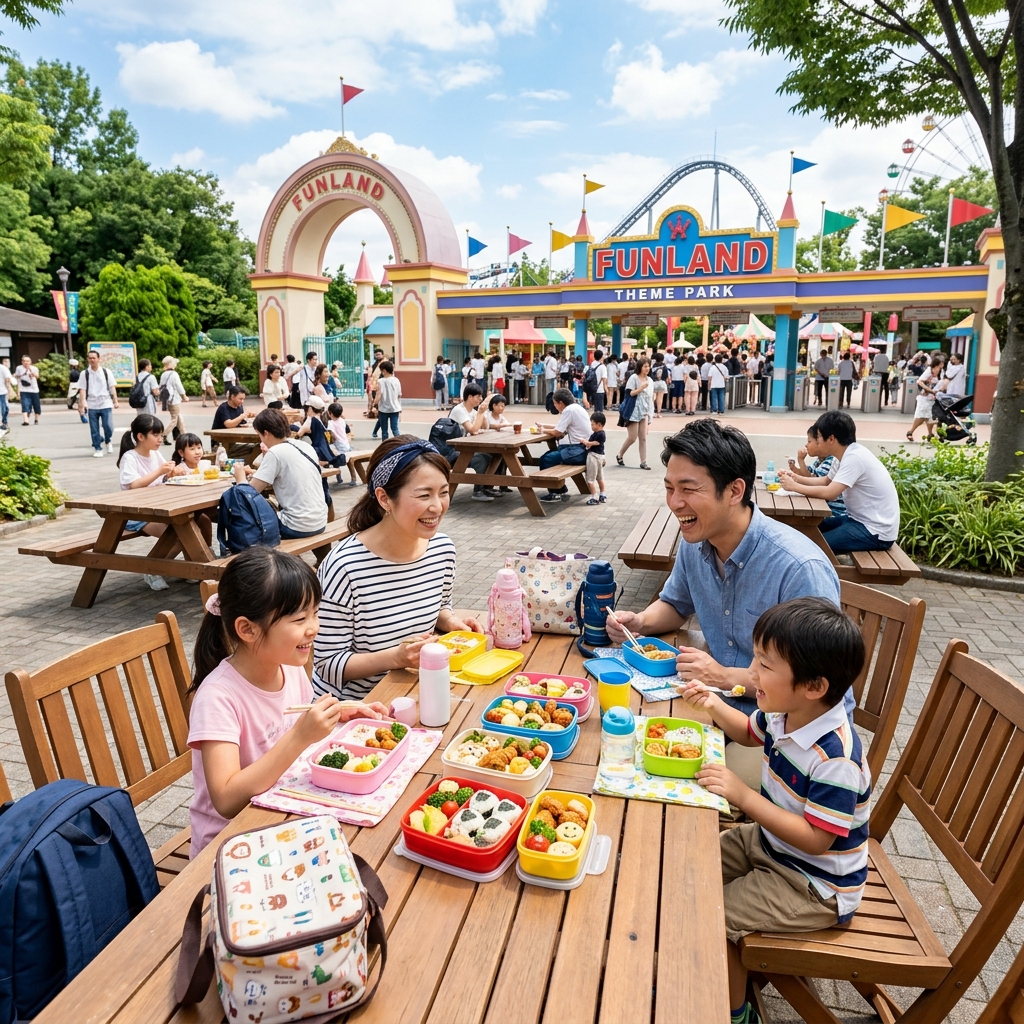 ピクニックエリアでお弁当を食べる家族